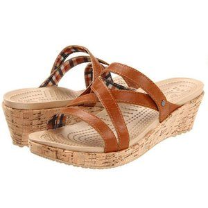 Crocs A-Leigh Mini Cork Wedge Sandals Brown Leather Women's Size 8